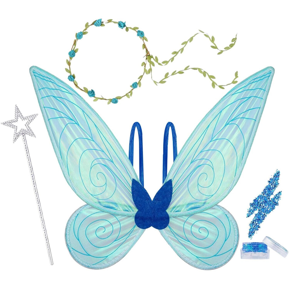 (Blue) Fairy Wings For Girls,Fairy Wings Set With Crown And Glitter,Halloween Sparkling Sheer Wings For Kids Adult Women