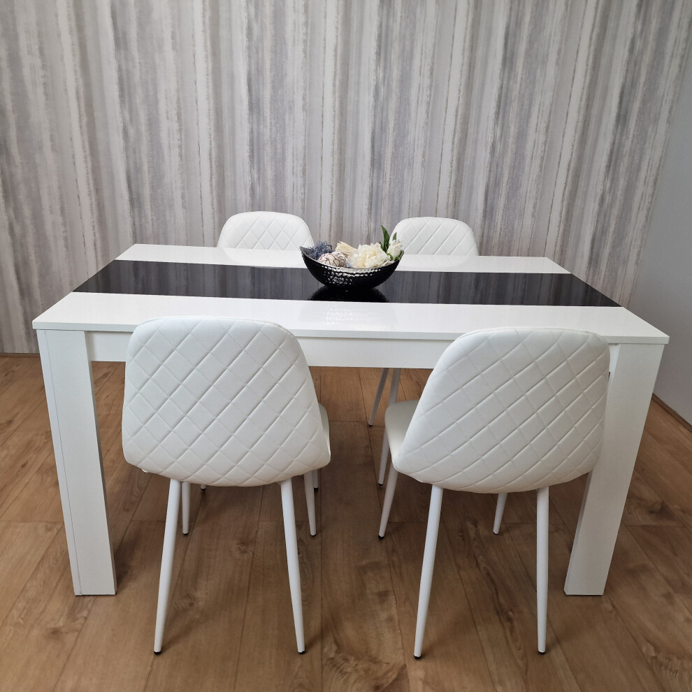 Wooden White Black Dining Table with 4 White Stitched Leather Chairs