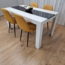 White Black Wooden Dining Table with 4 Mustard Stitched Leather Chairs