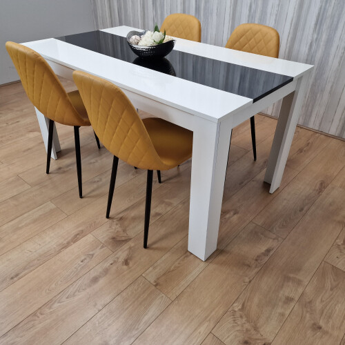 White Black Wooden Dining Table with 4 Mustard Stitched Leather Chairs