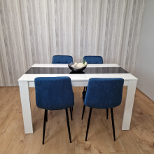 Wooden Dining Table White Black And 4 Tufted Blue Velvet Chairs