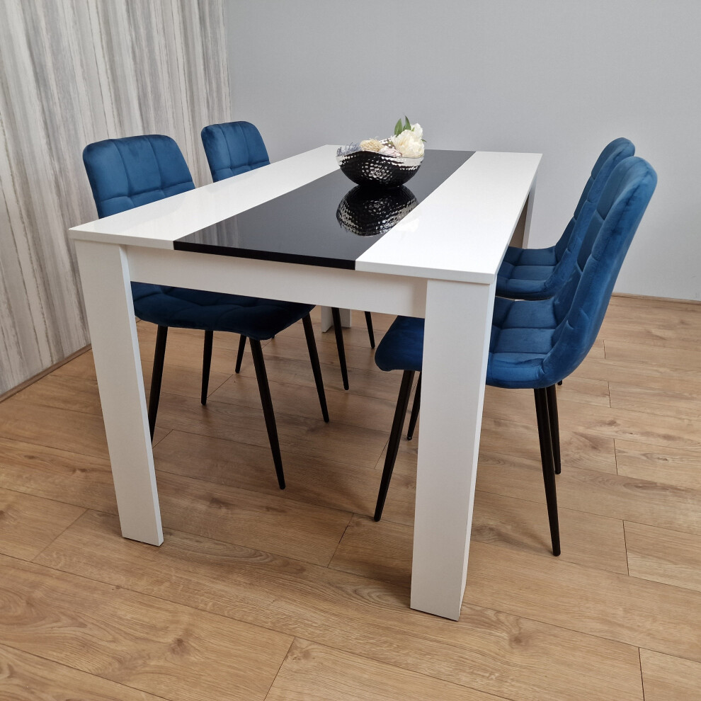 Dining Table Wooden White Black and 4 Tufted Blue Velvet Chairs Set