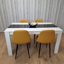 Wooden White Black Dining Table with 4 Mustard Stitched Leather Chairs