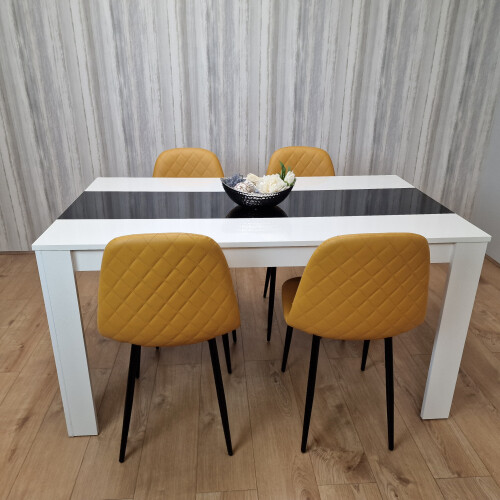 Wooden White Black Dining Table with 4 Mustard Stitched Leather Chairs