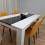 Wooden White Black Dining Table with 4 Mustard Stitched Leather Chairs 12