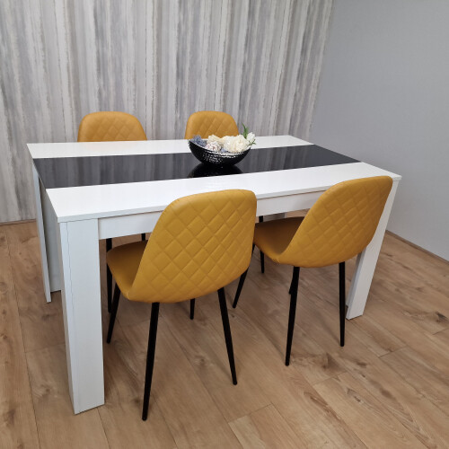 Wooden White Black Dining Table with 4 Mustard Stitched Leather Chairs 1