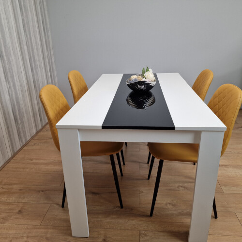 Wooden White Black Dining Table with 4 Mustard Stitched Leather Chairs 2