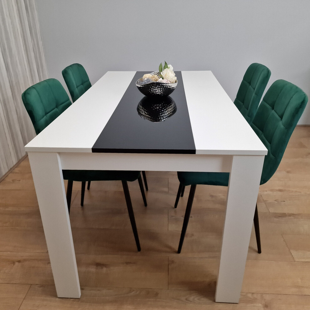 Wooden Dining Table White Black And 4 Tufted Green Velvet Chairs