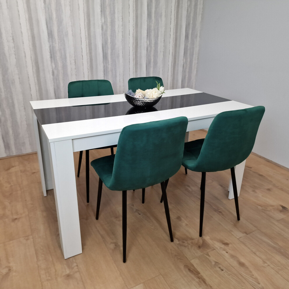 Dining Table Wooden White Black And 4 Tufted Green Velvet Chairs