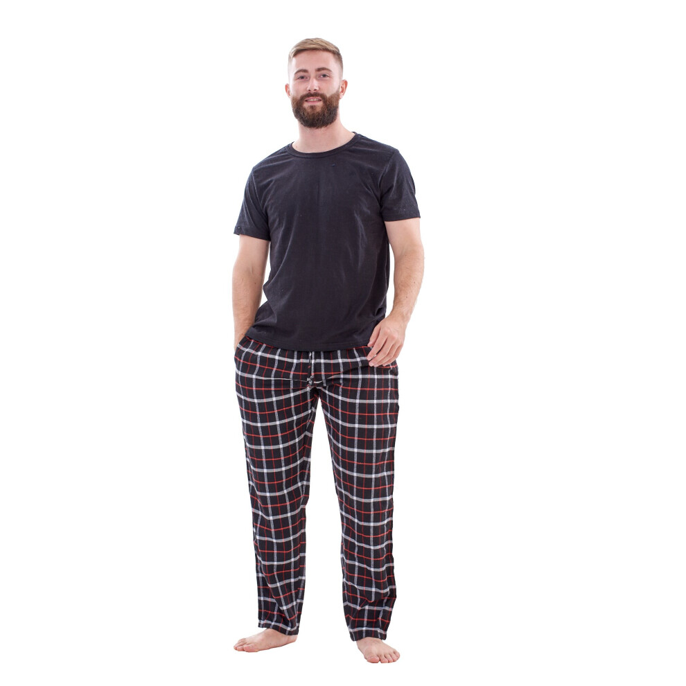 (Black, XXL) Malay Mens Flannel Pyjama Set Brushed Cotton Check Jersey Top Loungewear Lightweight