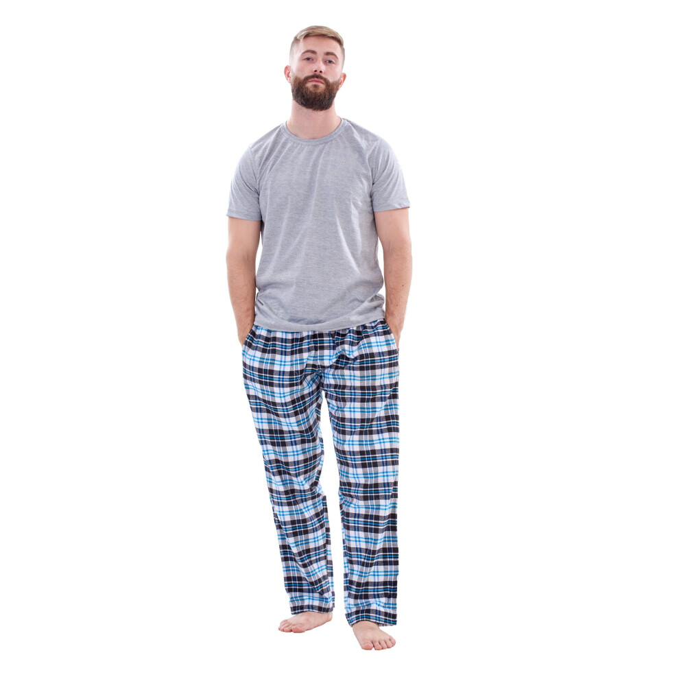 (Grey, M) Malay Mens Flannel Pyjama Set Brushed Cotton Check Jersey Top Loungewear Lightweight