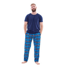 (Navy, XL) Malay Mens Flannel Pyjama Set Brushed Cotton Check Jersey Top Loungewear Lightweight