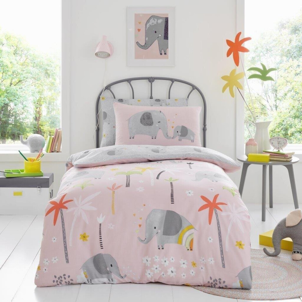 (Elephant Friends Blush Pink , Single Duvet Set ) KIDS SINGLE DUVET SET REVERSIBLE BOYS GIRL BEDDING