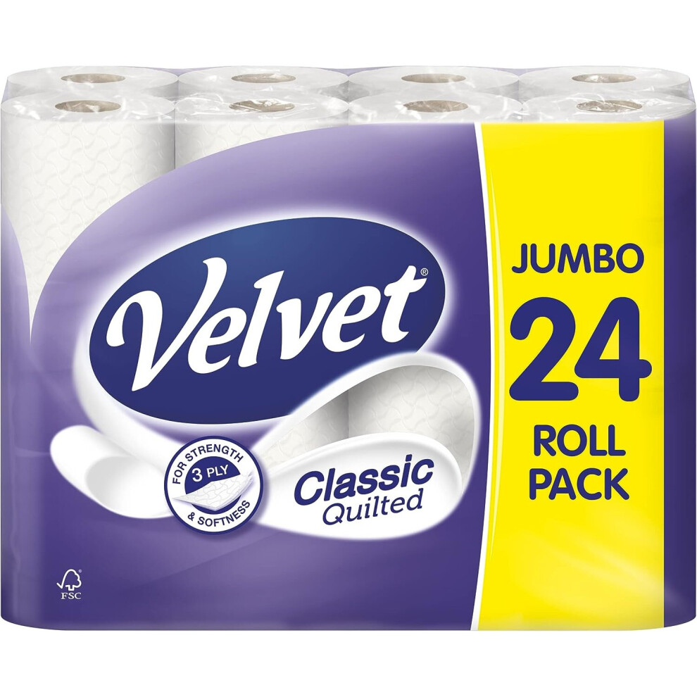 Velvet Classic Quilted Toilet Paper Bulk Buy, 24 White 3 ply Toilet Tissue Rolls, 24 Count (Pack of 1)