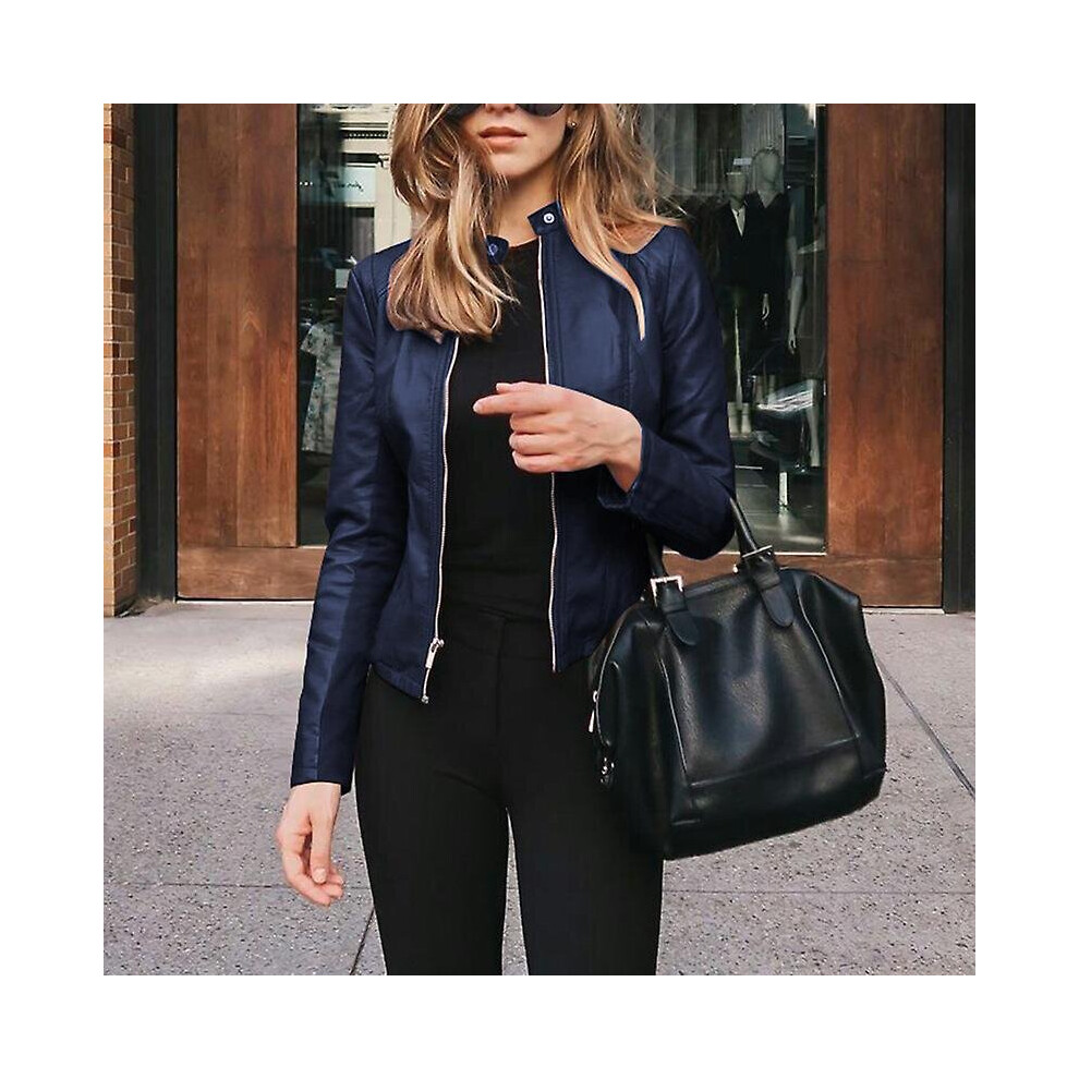 (7# Navy Blue, XXL) Women Long Sleeve Outwear Short Work Leather Jacket Solid Color PU Jackets-image-OPC-PCJ7FTD-NEW