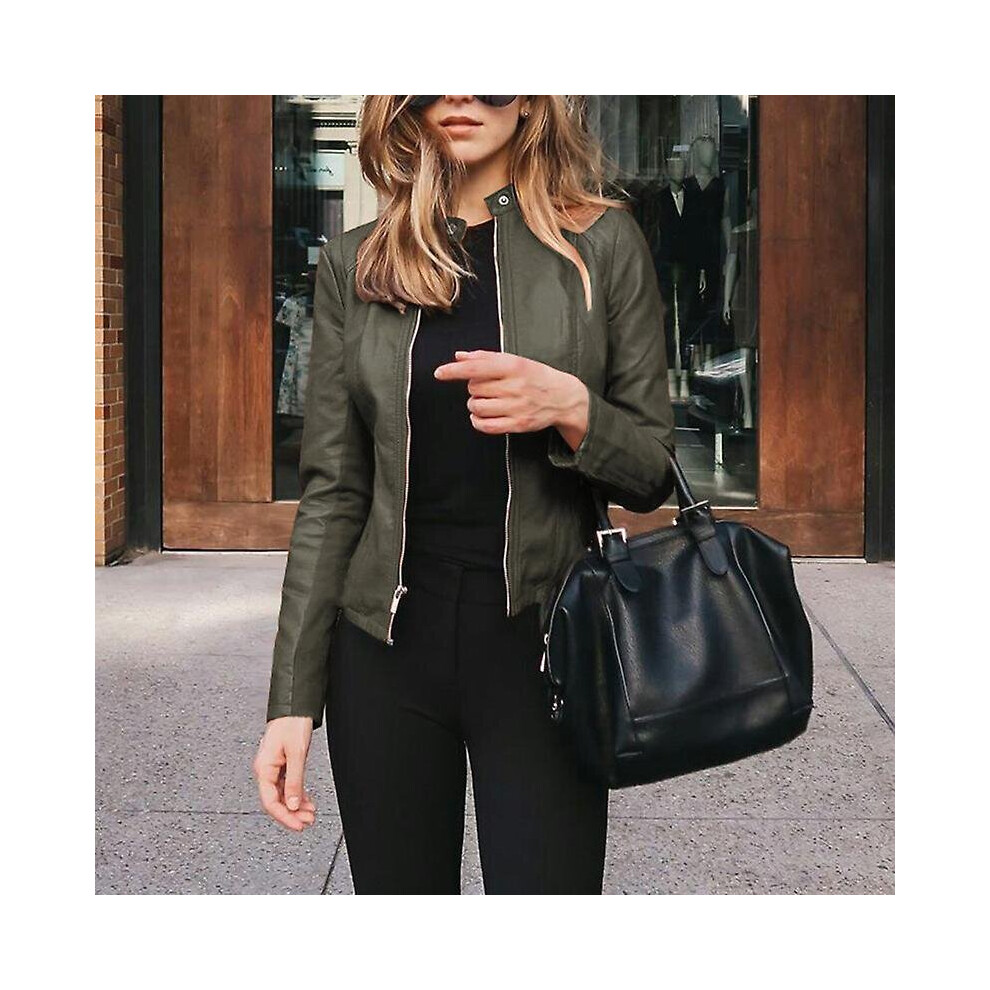 (10# Army Green, XL) Women Long Sleeve Outwear Short Work Leather Jacket Solid Color PU Jackets-image-OPC-PCJ7FT5-NEW