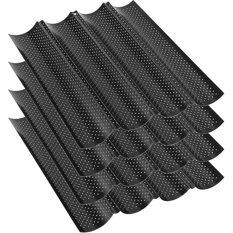 4 Pack 15 X 13 Inch Black Non-stick Perforated Baguette Pans, French Loaf Pan Baguette Tray 4 Wavy Loaves Loaf Pan For Baking