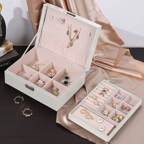 Living And Home White 2-Tier PU Leather Jewellery Box with Lock