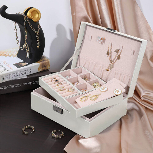 Living And Home White 2-Tier PU Leather Jewellery Box with Lock 1