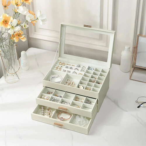 Living And Home PU Leather 3-Tier Jewellery Box Organizer with Drawers