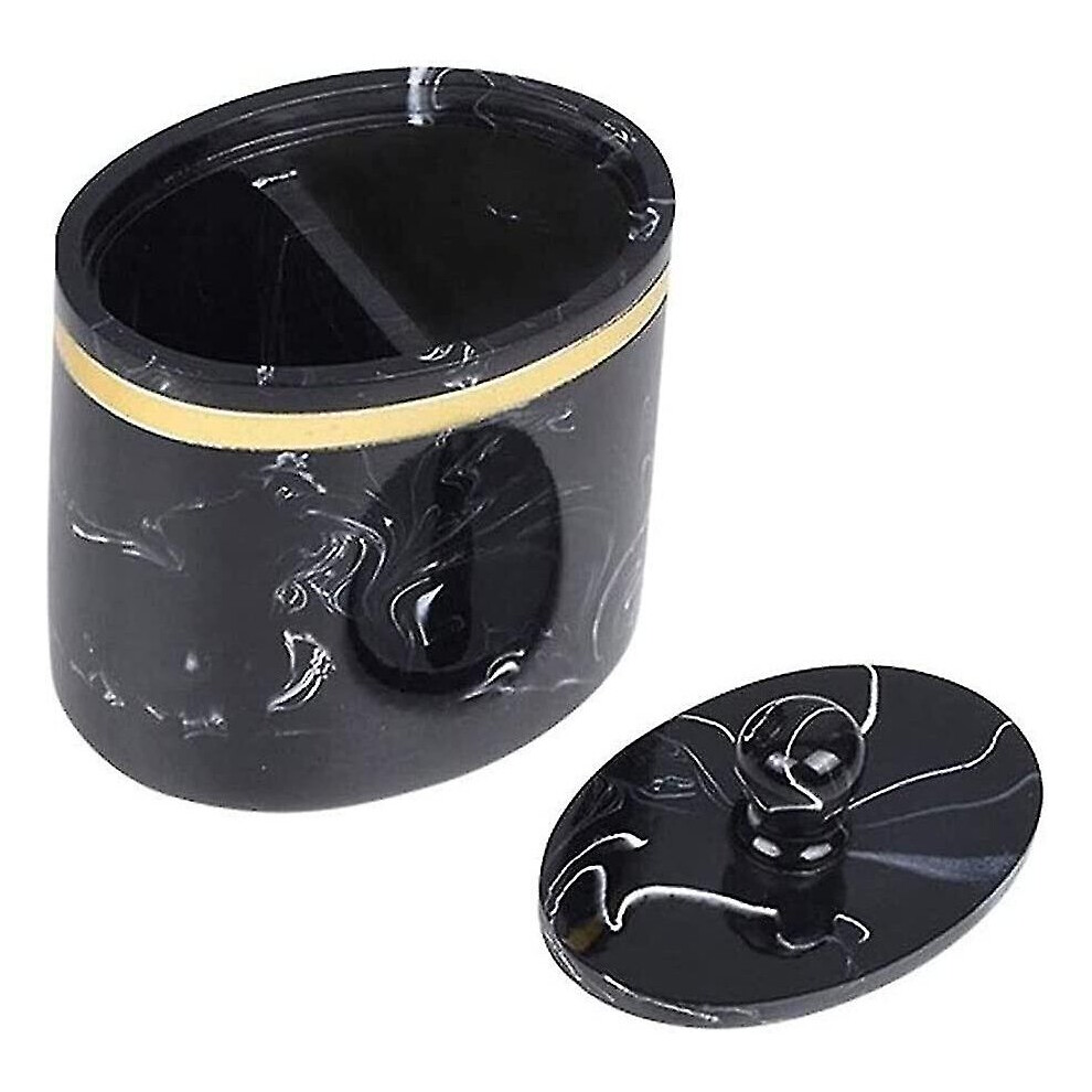Cotton Swab Holder Toothpick Dispenser 2 Compartments Makeup Organizer Marble Look Storage Box With Waterproof Lid (black) Hy
