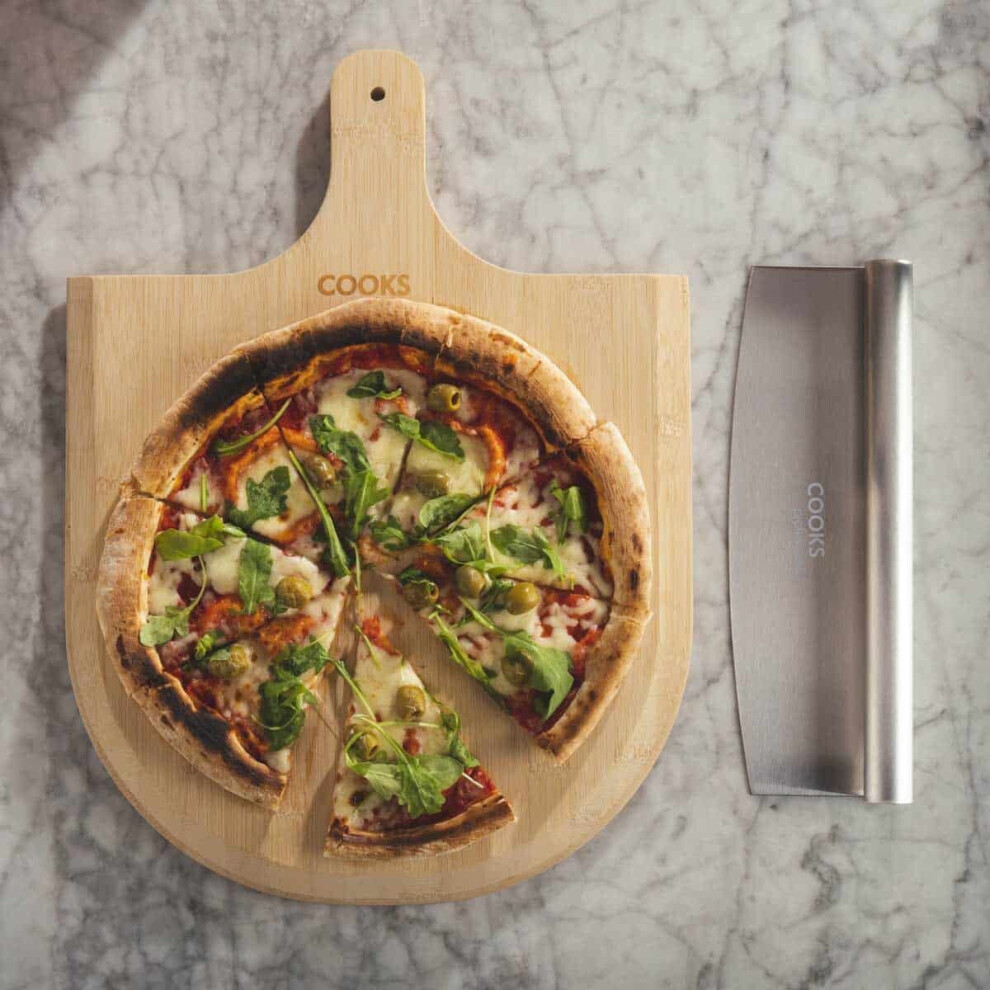 Cooks Professional Rocking Pizza Cutter Stainless Steel with Bamboo Pizza Board