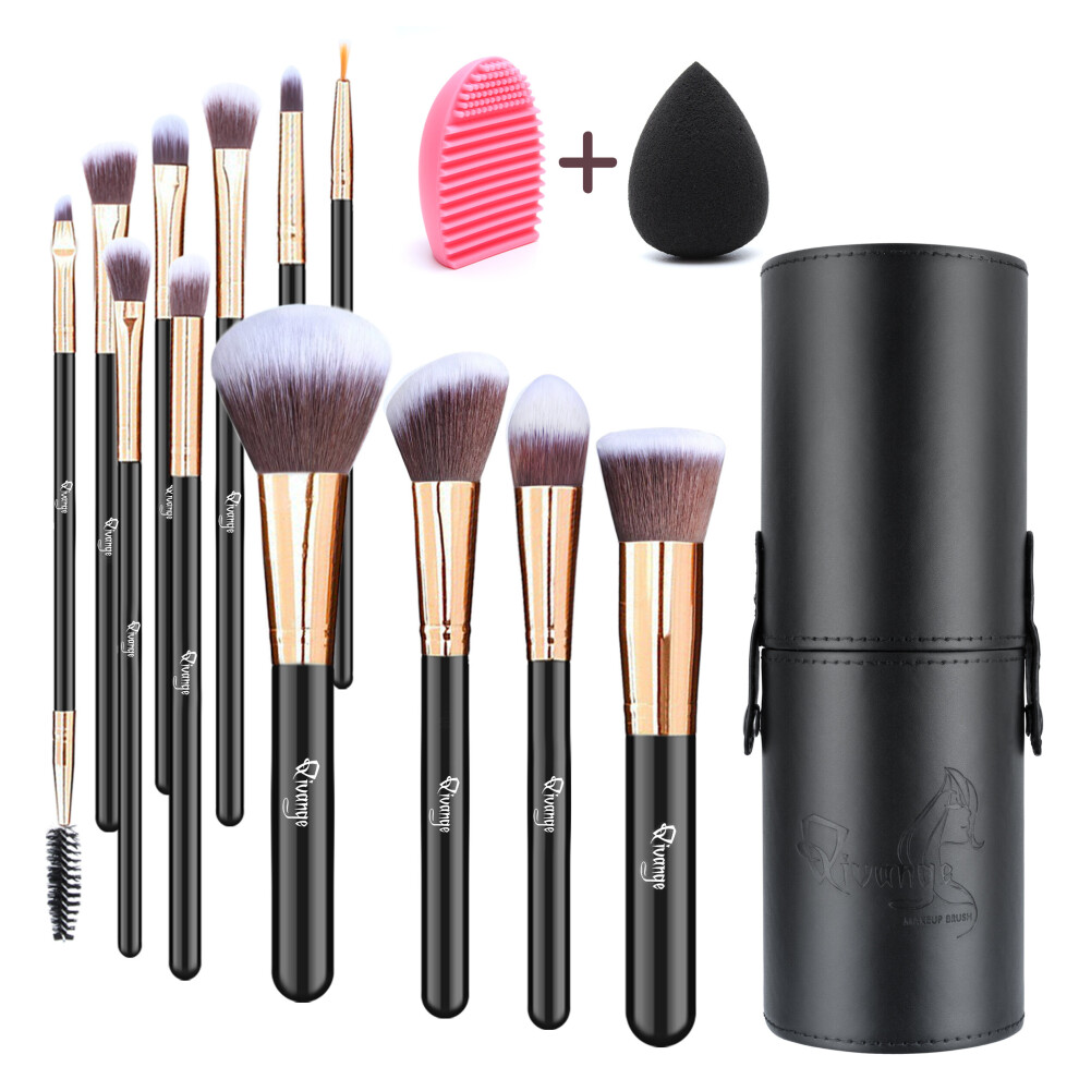 12Pcs Travel Makeup Brush Set with Makeup Sponge and Brush Cleaner