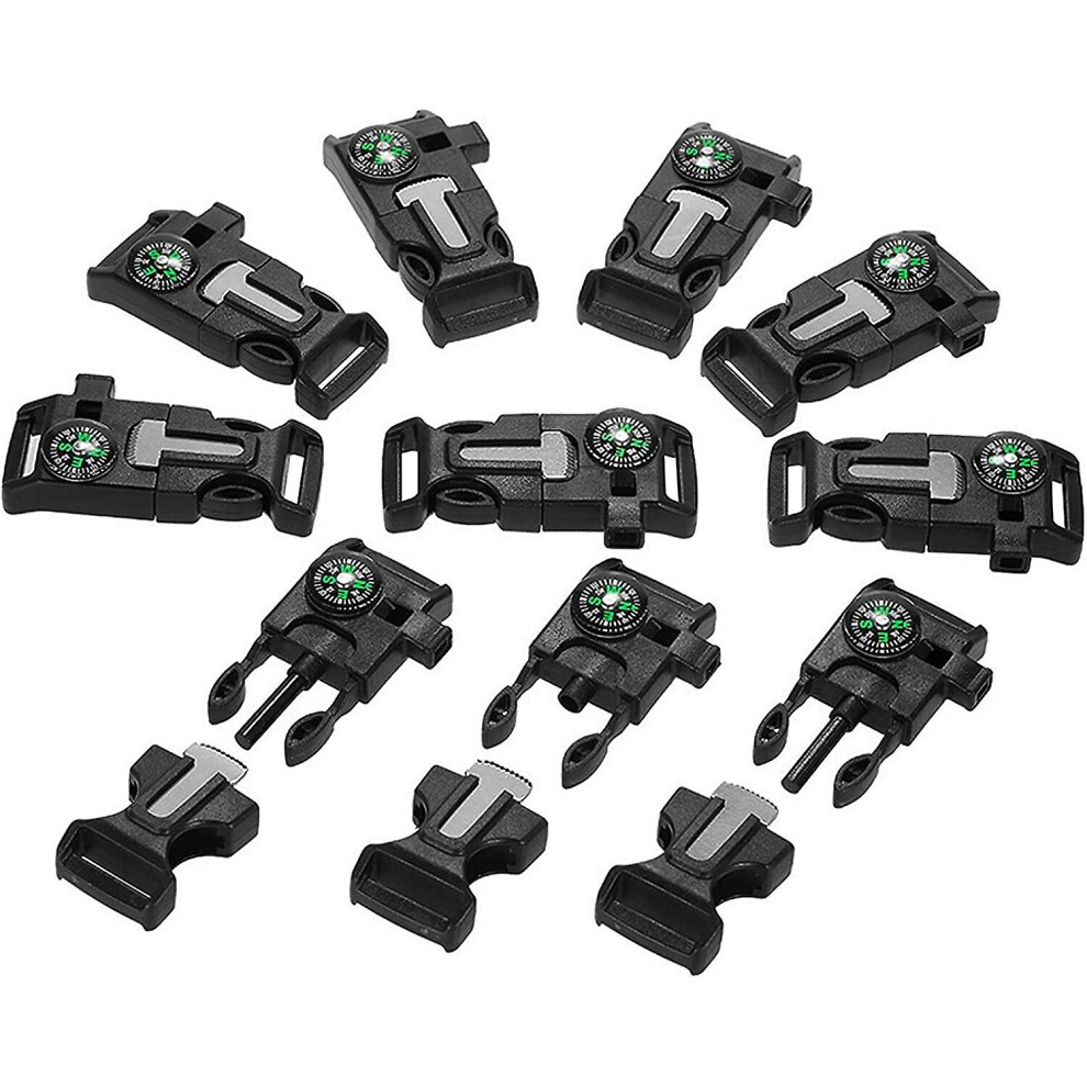 10pcs Emergency Whistle Buckle With Flint Scraper Fire Starter And Compass For Outdoor Camping Hiking Paracord Bracelet