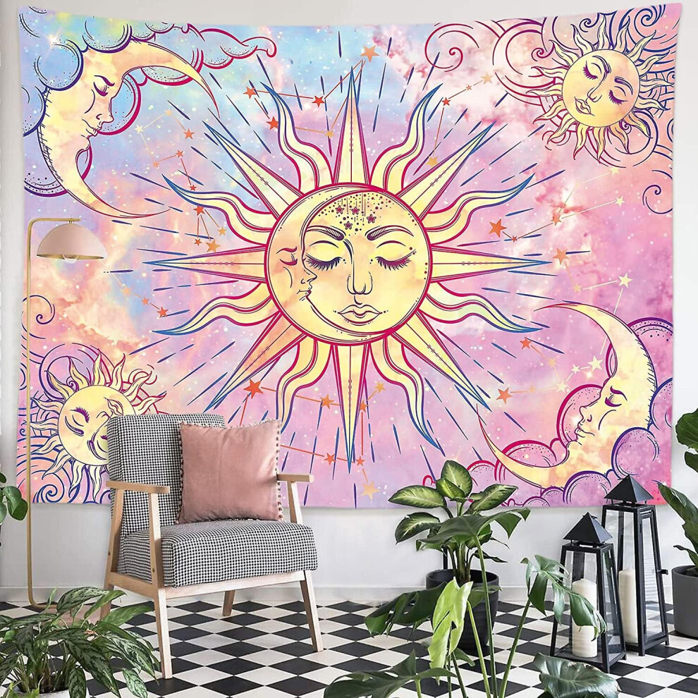 Pastel Tapestry Mystical Tapestry Celestial Sun And Moon With Stars Tapestry Psychedelic Pink