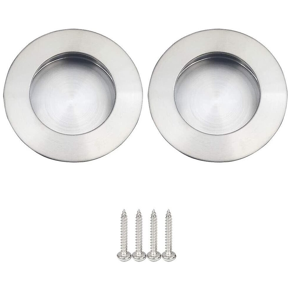Set Of 2 Round Recessed Handles For Sliding Door, Satin Brushed Stainless Steel, Silver