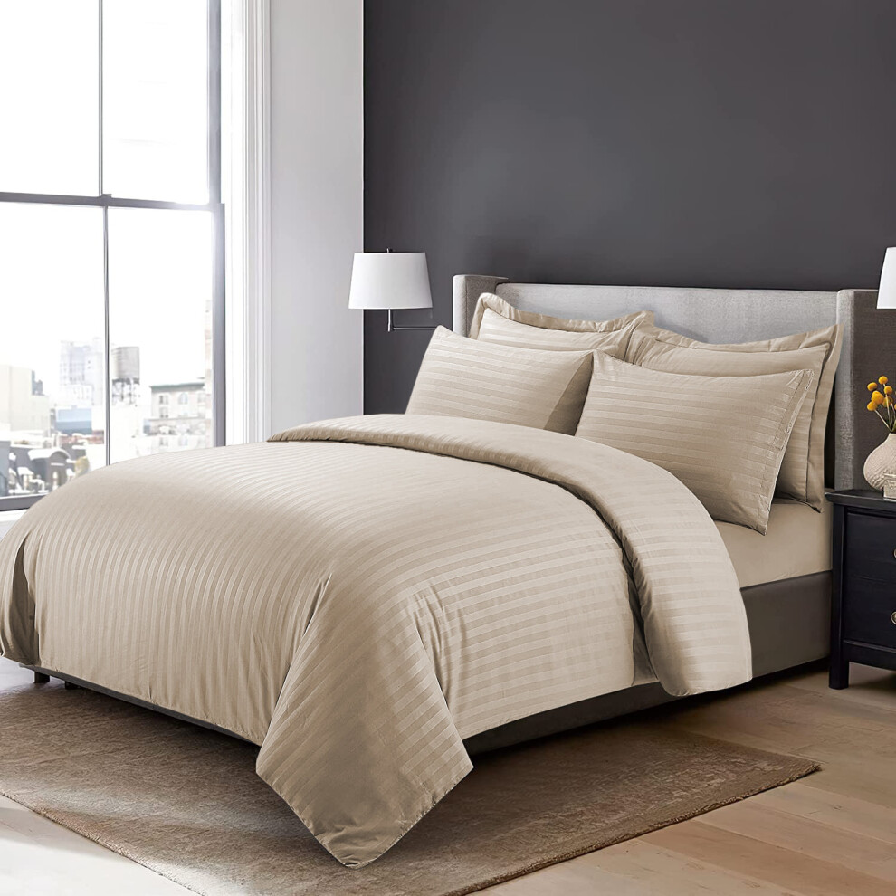 Imperial Rooms (Beige Duvet Covers ) Stripe Duvet Cover Quilt 3Pc Double Bedding Sets Cream