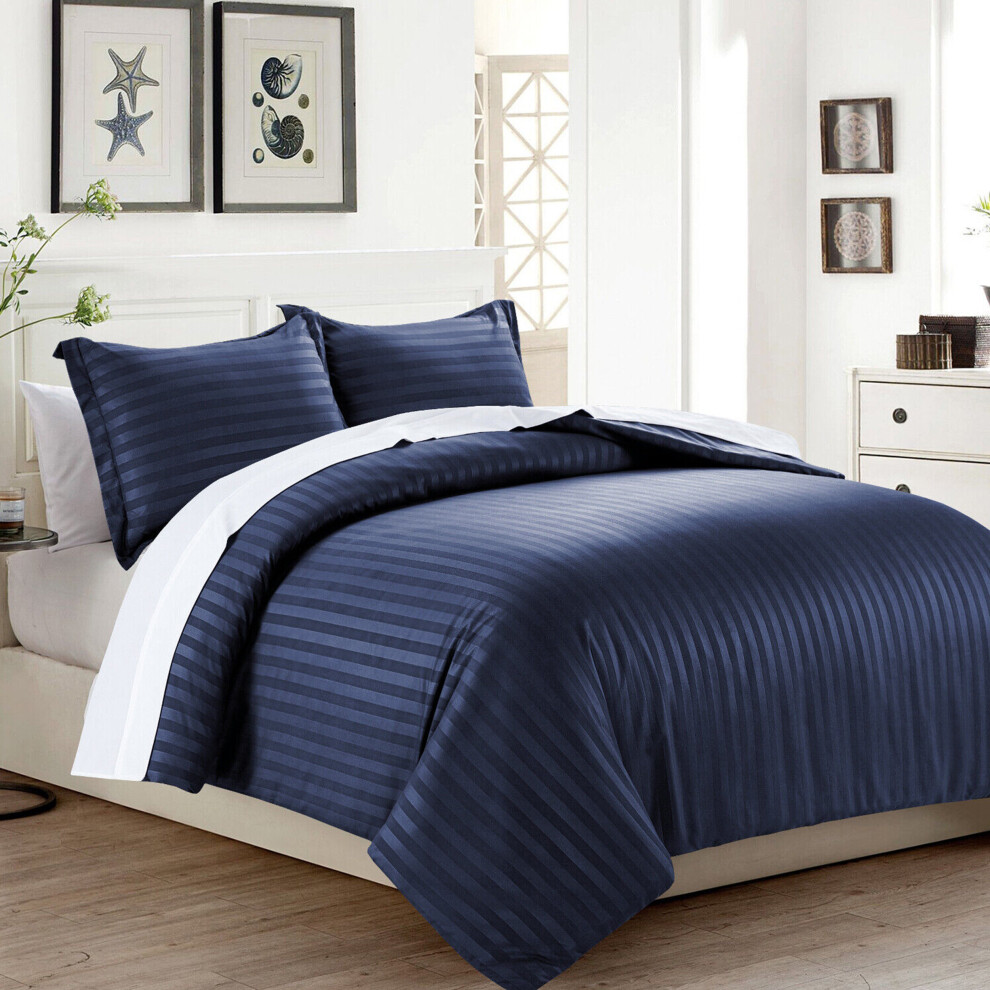 (Navy Duvet Covers) 3PC Duvet Cover Double Stripe Bedding Cover Quilt