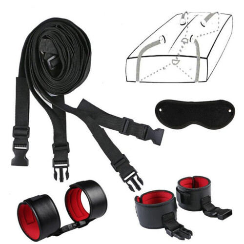 Black and Red Under Mattress Restraint Kit with Connecting Cuffs