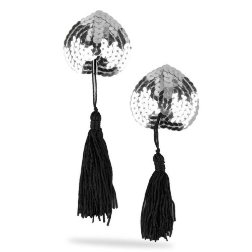 Burlesque Sequin Heart Nipple Tassel (Black and Silver)