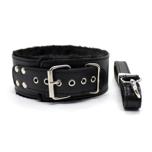Black Furry Bondage Collar and Lead