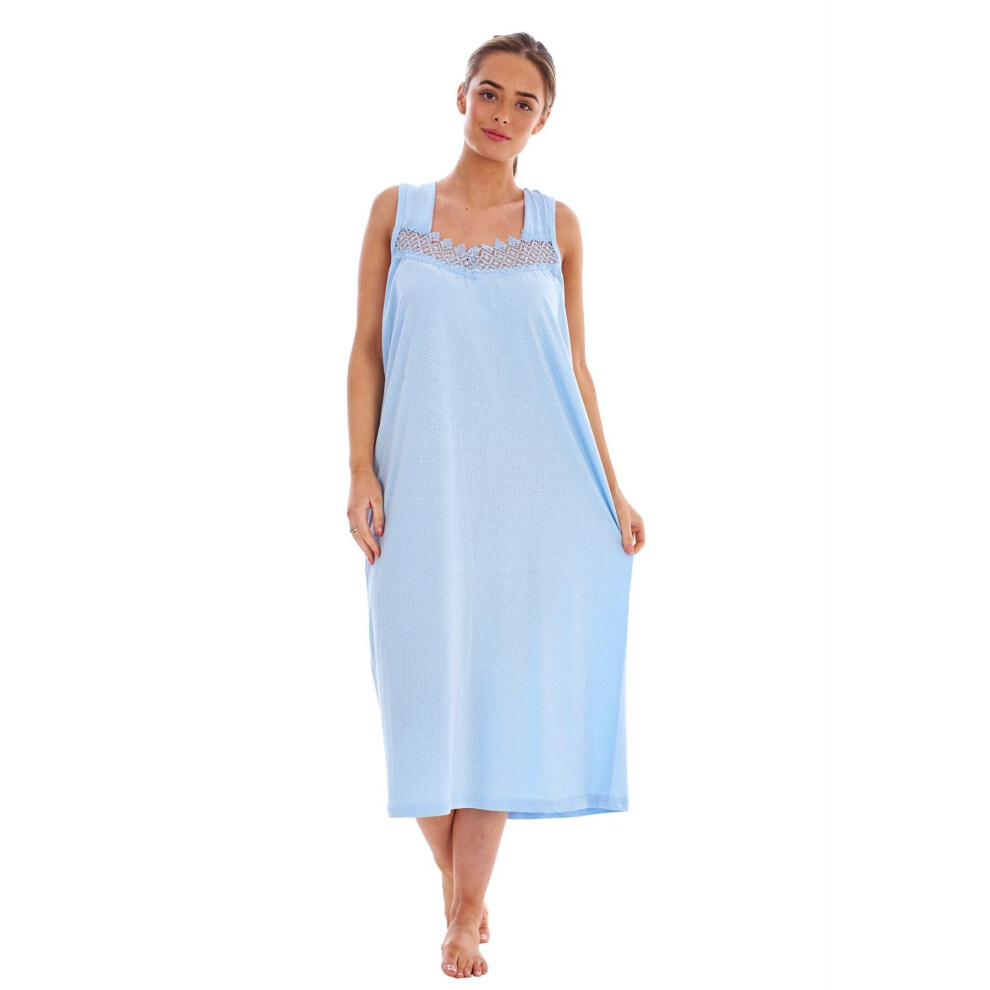 (Blue, XL) Malay Women Polka Dot Nightdress Wide Strap 100% Cotton V-Neck Lace Long Nightshirts