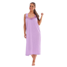 (Lavender, M) Malay Women Polka Dot Nightdress Wide Strap 100% Cotton V-Neck Lace Long Nightshirts