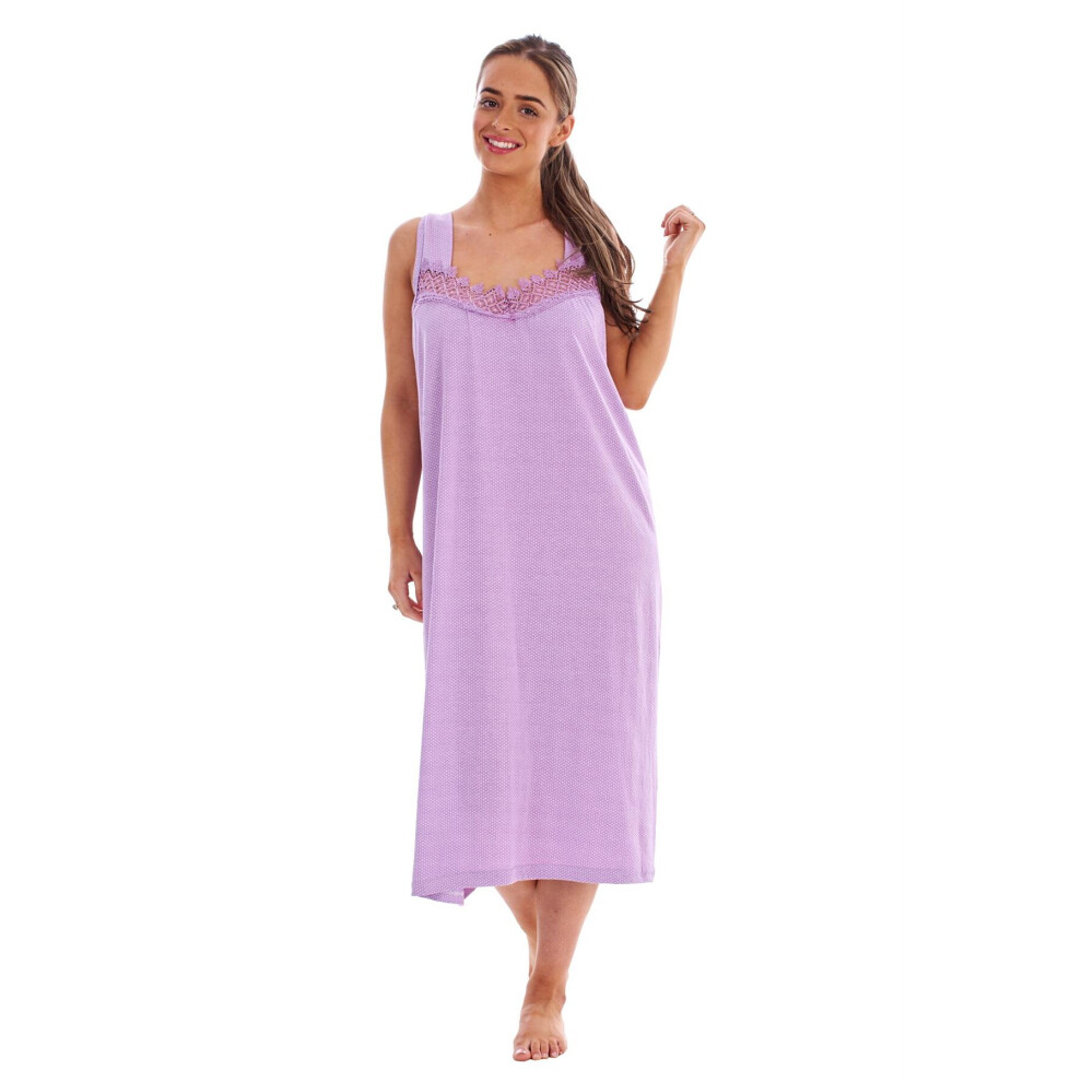 (Lavender, XL) Malay Women Polka Dot Nightdress Wide Strap 100% Cotton V-Neck Lace Long Nightshirts