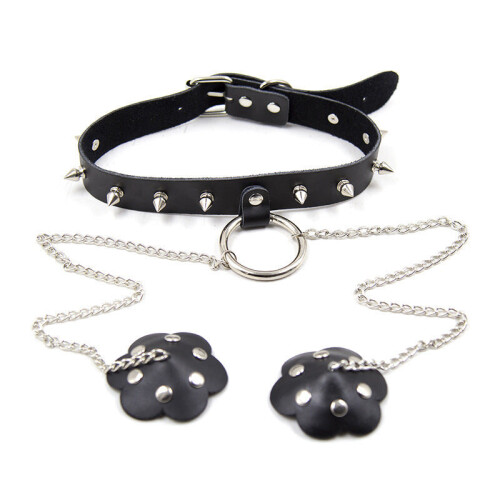 Spiked Bondage Collar with Studded Nipple Covers 2