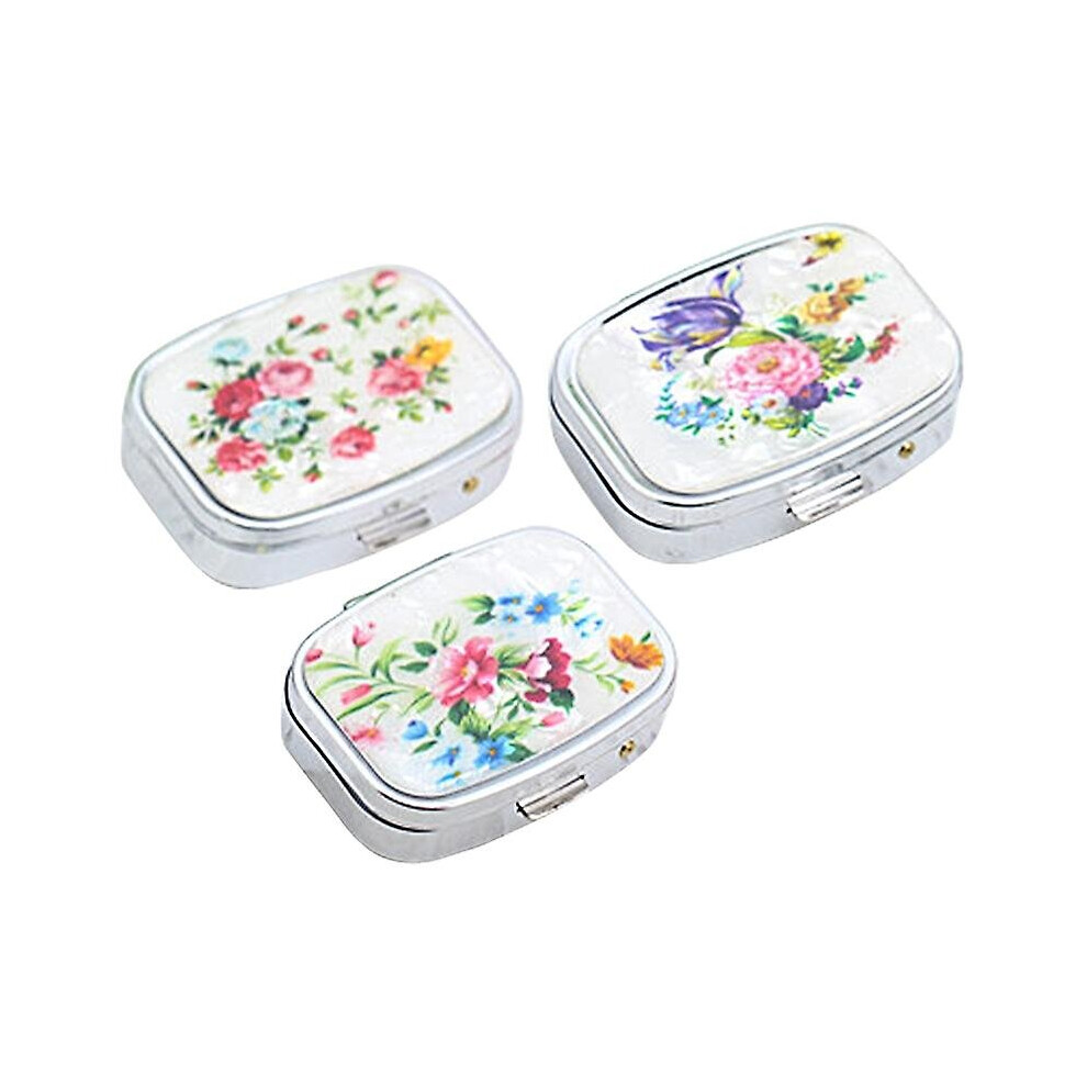 Metal Pill Box With Mirror Reusable Compact Portable Classified Store Pills Flower Print Oblong Shape Large Capacity Pill Organizer For Travel Qinhai