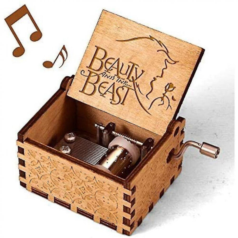 Beauty And The Beast Music Box, Vintage Classic Wood Hand Crank Carved