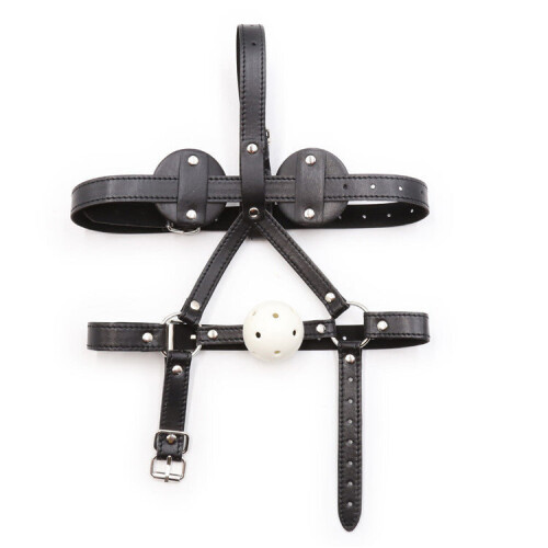 Black Faux Leather Head Harness with Vented Ball Gag 2
