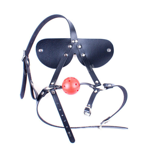 Black VF Leather Head Harness, Eye Mask and Ball Gag 2