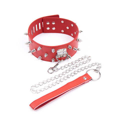 Red Spiked Bondage Collar and Chained Lead
