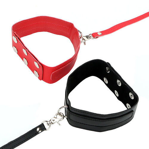 Flat Section Red Faux Leather Collar and Lead