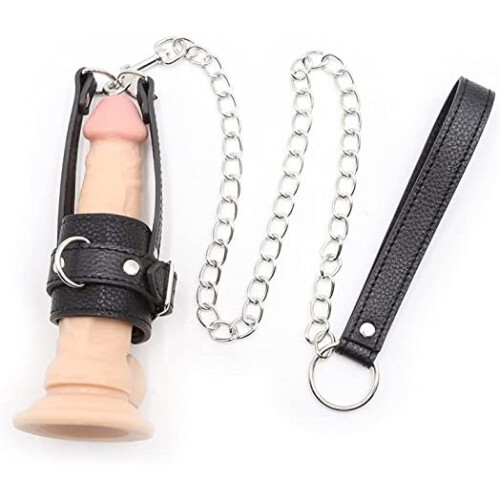 Leather Penis Cage with a Chain and Lead