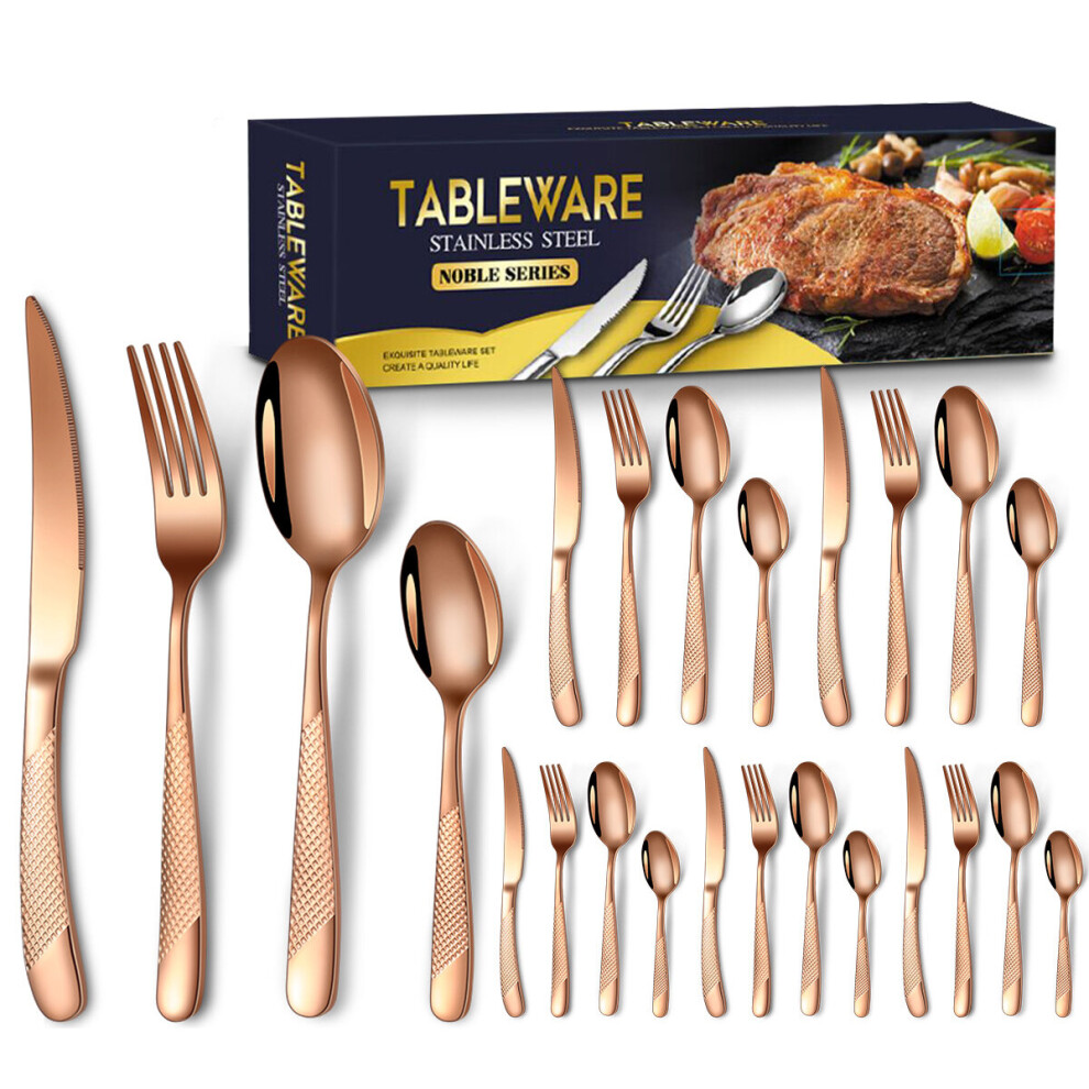 (Star Brick Rose Gold 24PCS) 24Pcs Luxury Cutlery Set,Retro Flatware Set,Dinner Serving for 6,Dishwasher Safe