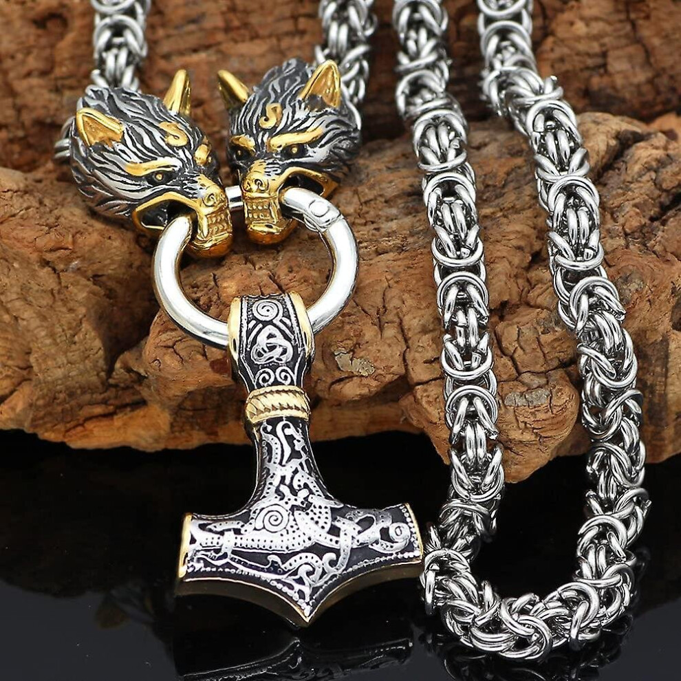 Men Wolf Head Necklace Norse Jewelry Amulet Thor's Hammer Pendant Necklace