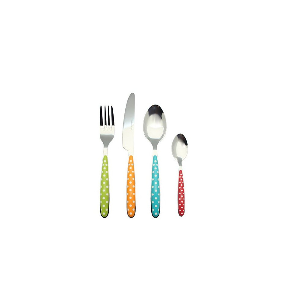 EXZACT Cutlery Set 24pcs Polka Dot Mixed Colours, Stainless Steel with Color Handles - 6 Forks, 6 Dinner Knives, 6 Dinner Spoons, 6 Teaspoons EX07
