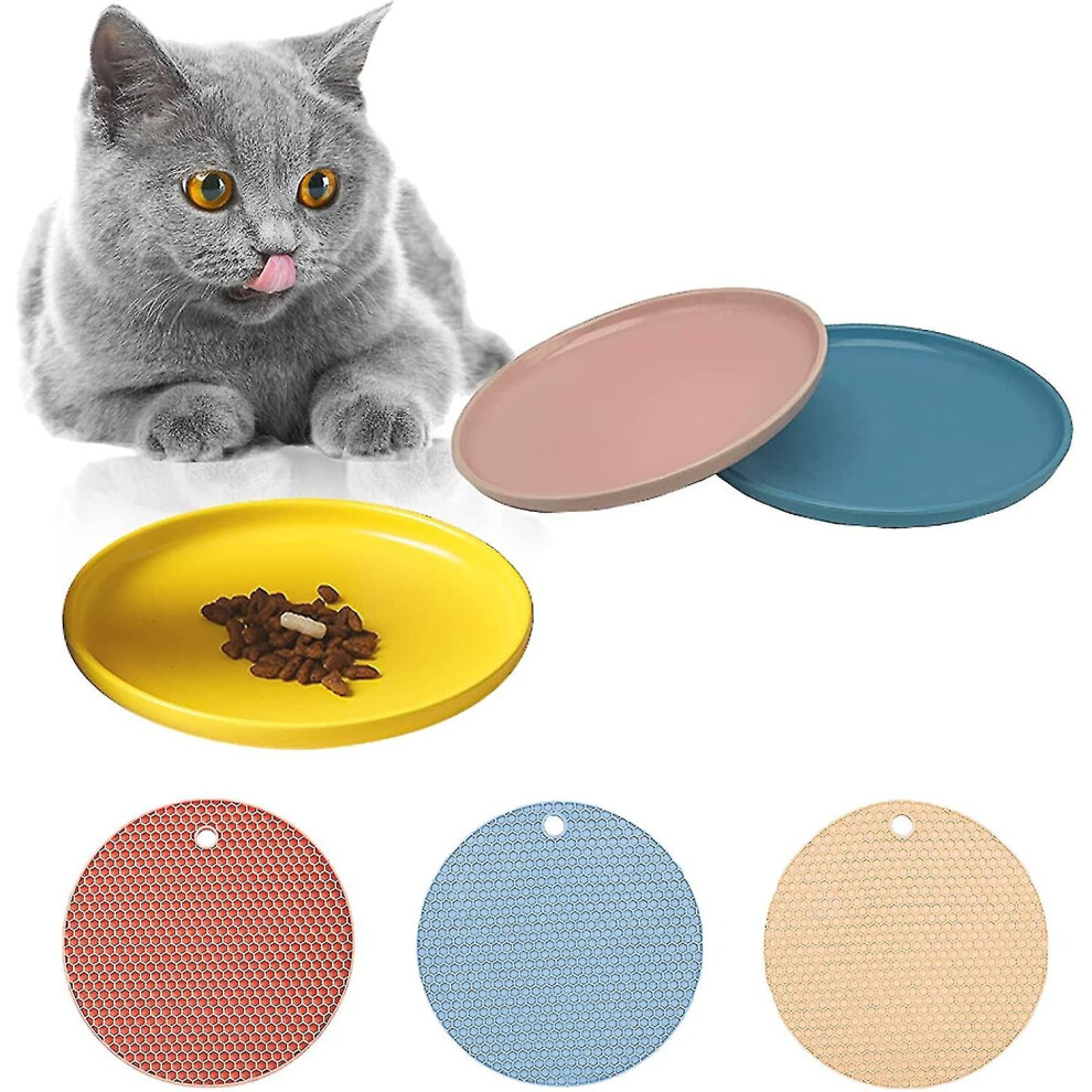 Ceramic Shallow Cat Dish Cat Wet Food Feeding Plates Wide Flat Cat Bowl Whisker Fatigue Relief Cat Food Dish With Non-slip Mat For Kittens Puppy Hamst